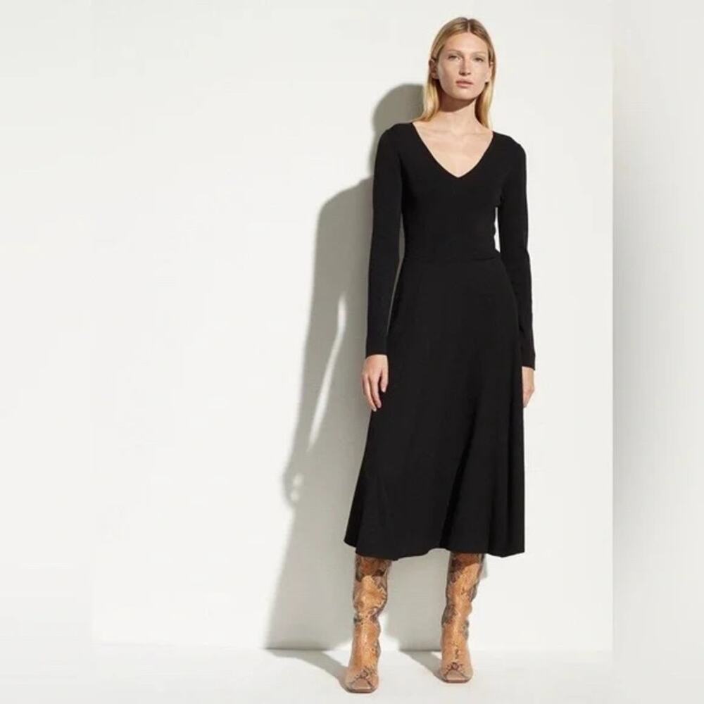 Vince Mixed Media V-Neck Dress Fit & Flare Knit Black Pullover Side Sleeve Sz XS
